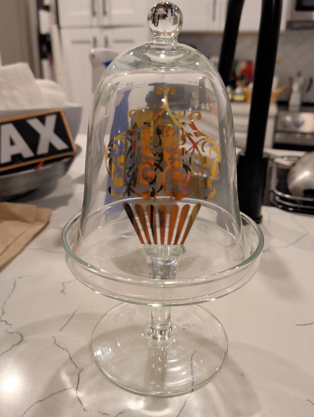 Vintage Clear Glass Cupcake Stand Cloche Dome Gold Filigree Pedestal Server
